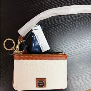 Dooney & Bourke Cream and Brown Leather Wristlet Key Pouch with Gold Hardware